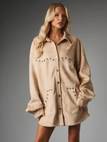 MISSGUIDED Jaket model shacket ukuran besar berbahan suede imitasi dengan detail lubang kancing logam perak, saku tempel di bagian depan, dan manset lebar. Cocok untuk musim gugur dan musim dingin. - Khaki - View 4