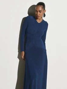 KSTM Sparkle Lurex Knit Maxi Gown With V-Neck Long Sleeves Ruched Waist Mermaid Silhouette For Evening Formal Events Holiday Party - Navy Blue - View 3