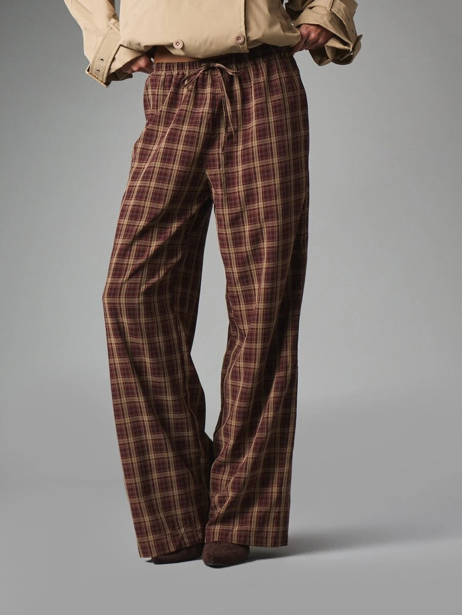 MISSGUIDED Wide Leg Plaid Casual Pants With Drawstring Elastic Waist Full Length Palazzo Trousers Fall Winter Relaxed Fit - Multicolor - View 1