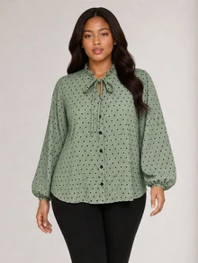 ELLERISSA Plus Size Green Dobby Spot Ruffle Neck Tie Balloon Sleeve Button Front Blouse Fall - Green - View 5