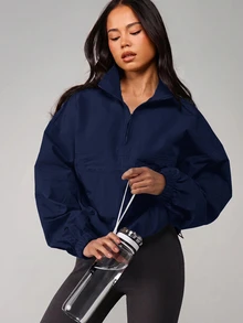 MISSGUIDED Half Zip Pullover Windbreaker Jacket With Mock Neck Centre Pocket Elastic Cuffs Oversized Boxy Fit Lightweight Anorak - Navy Blue - View 5