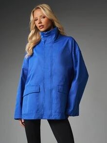 MISSGUIDED Oversized Utility Jacket With Stand Collar Zip Closure And Patch Pockets Relaxed Fit Outerwear For Fall Winter Transitional Season - Blue - View 4