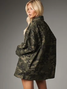 MISSGUIDED Oversized Camouflage Utility Jacket With Snap Buttons Patch Pockets Lapel Collar Long Sleeves Autumn Winter Outerwear - Multicolor - View 2