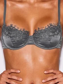 KIZN Satin Lace Trim Underwired Balconette Bra With High Cut Thong Set Luxe Valentine Honeymoon Lingerie - Navy Blue - View 4