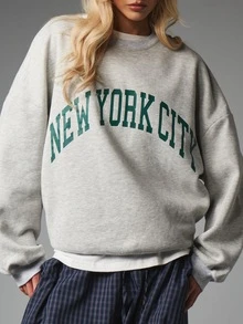 MISSGUIDED Sweatshirt Oversized Kerah Bulat dengan Cetakan Grafis Lengkung Kota New York, Pullover Fleece Lengan Panjang Bahu Jatuh, Atasan Musim Gugur/Musim Dingin - Light Grey - View 5