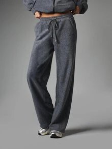 MISSGUIDED GRL Fleece Wide Leg Casual Pants With Drawstring Waist And Side Pockets Full Length Cozy Winter Loungewear - Grey - View 1