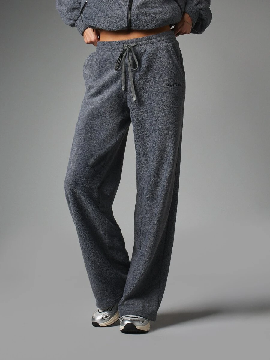 MISSGUIDED GRL Fleece Wide Leg Casual Pants With Drawstring Waist And Side Pockets Full Length Cozy Winter Loungewear - Grey - View 1