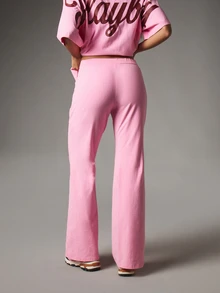 Missguided x Playboy Celana Kasual Model Flare dengan Logo Kelinci, Tali Serut di Pinggang, dan Saku Tempel, Terbuat dari Kain Rajut Lembut Warna Merah Muda Permen Karet. - Berwarna merah muda - View 2