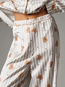 MISSGUIDED Satin Pajama Co-Ord Set With Teddy Bear AOP Print Notch Collar Button Down Shirt And Wide Leg Pants With Contrast Piping Trim - Blue and White - View 4