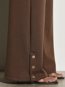 KSTM Wide Leg Casual Pants With Elastic Drawstring Waist And Gold Snap Button Hem Detail Full Length Relaxed Fit Chocolate Brown Trousers - Coffee Brown - View 5