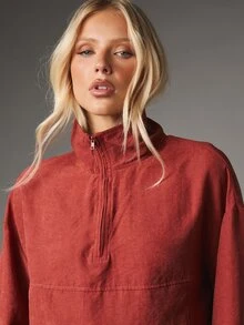 MISSGUIDED Oversized Half-Zip High Neck Linen Feel Top With Puff Long Sleeves And Elasticated Cuffs Drop Shoulder Relaxed Fit - Burgundy - View 2