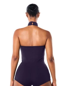 SUMWON WOMEN Halter Neck Cut Out Romper With High Neck Choker Detail And Boy Short Bottom Festival Party Playsuit - Purple - View 2
