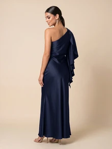 QUIZ One Shoulder Draped Ruffle Detail Bodycon Midaxi Dress - Navy Blue - View 2
