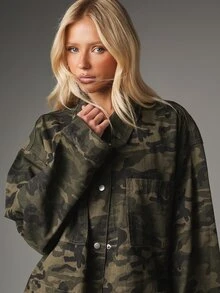 MISSGUIDED Oversized Camouflage Utility Jacket With Snap Buttons Patch Pockets Lapel Collar Long Sleeves Autumn Winter Outerwear - Multicolor - View 4