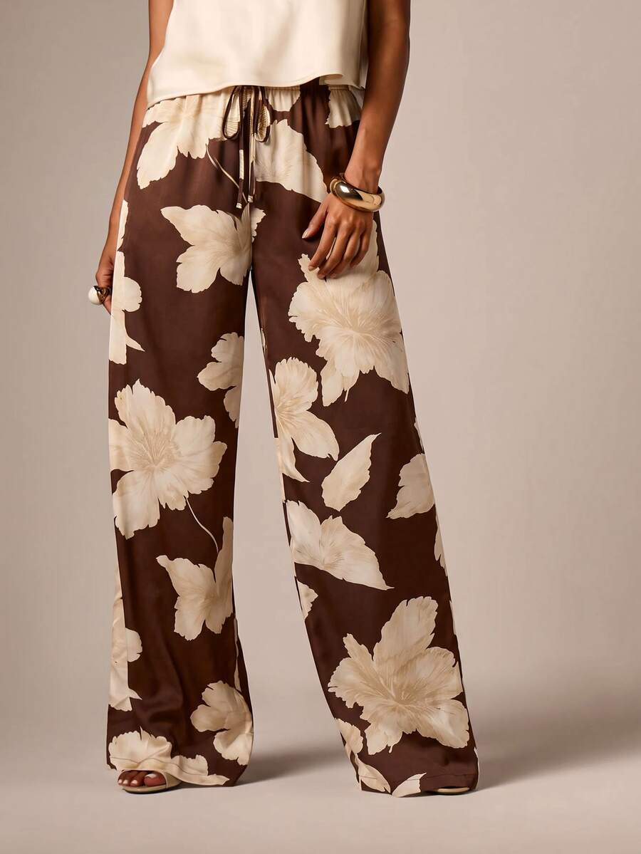 AiiRZ Wide Leg Floral Print Palazzo Pants With Elasticated Drawstring Waist Large Bloom Satin Finish Pull On Trousers Spring Summer - Brown - View 1