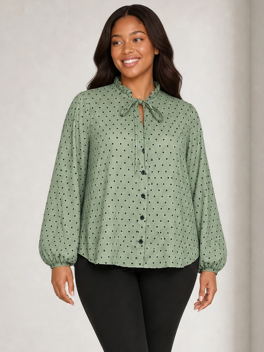 ELLERISSA Plus Size Green Dobby Spot Ruffle Neck Tie Balloon Sleeve Button Front Blouse Fall - Green - View 1