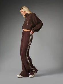 MISSGUIDED Wide Leg Knit Pants With Side Stripe Detail Drawstring Waist Flared Silhouette Fall Winter Cozy Loungewear Full Length Trousers - Multicolor - View 4