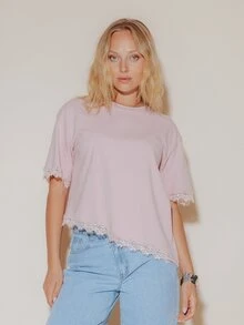 Pimkie Edition Kaos Kasual Musim Panas Warna Polos dengan Hiasan Renda dan Hem Asimetris - Dusty Pink - View 1