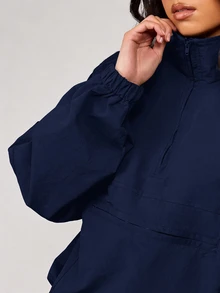 MISSGUIDED Half Zip Pullover Windbreaker Jacket With Mock Neck Centre Pocket Elastic Cuffs Oversized Boxy Fit Lightweight Anorak - Navy Blue - View 4