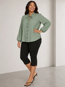 ELLERISSA Plus Size Green Dobby Spot Ruffle Neck Tie Balloon Sleeve Button Front Blouse Fall - Green - View 4