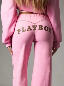 Missguided x Playboy بنطال رياضي واسع الساق مع طباعة شعار وتفاصيل خياطة متباينة وطباعة على المؤخرة باللون الوردي الفقاعي للارتداء اليومي العادي في الربيع والصيف - وردي - مشاهدة 4