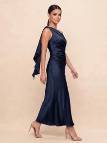 QUIZ One Shoulder Draped Ruffle Detail Bodycon Midaxi Dress - Navy Blue - View 4