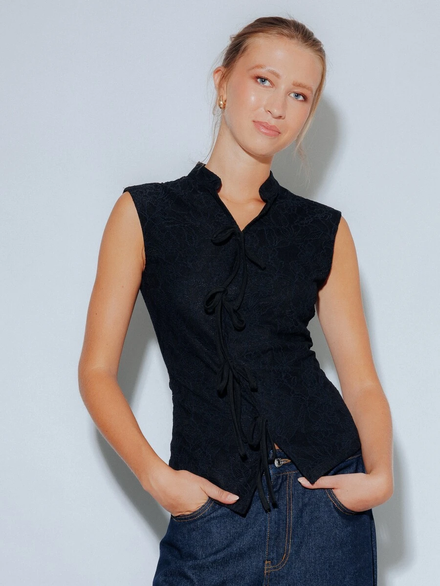 Pimkie Edition Women's Top, Bow And Lace Detail, Sleeveless, Slim Fit, Smart Casual - Black - View 1