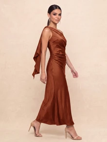 QUIZ One Shoulder Draped Ruffle Detail Bodycon Midaxi Dress - Rust Brown - View 4