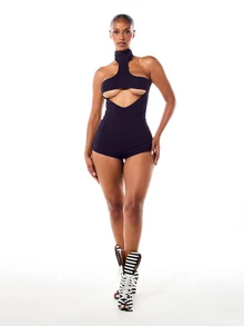 SUMWON WOMEN Halter Neck Cut Out Romper With High Neck Choker Detail And Boy Short Bottom Festival Party Playsuit - Purple - View 5