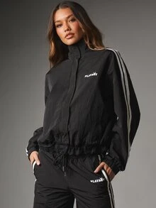 Missguided x Playboy Jaket Windbreaker Logo Kelinci dengan Kerah Tegak, Penutup Resleting, Detail Garis Samping, dan Hem Elastis. - Hitam - View 1