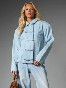 MISSGUIDED Oversized Light Wash Denim Military Jacket With Button Closure Structured Lapel Collar And Contrast Topstitching Spring Summer Casual Outerwear - Blue - View 1