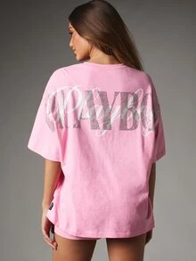 Missguided x Playboy Oversized Rhinestone Logo T-Shirt With Bunny Chest Print Crew Neck Short Sleeve Drop Shoulder Summer Festival Top - Pink - View 1