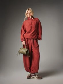 MISSGUIDED Oversized Half-Zip High Neck Linen Feel Top With Puff Long Sleeves And Elasticated Cuffs Drop Shoulder Relaxed Fit - Burgundy - View 4