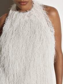 KSTM Feathered Fringe Halter Mini Dress Open Back Shift Silhouette Fluffy Texture Party New Year Eve Night Out - Khaki - View 6