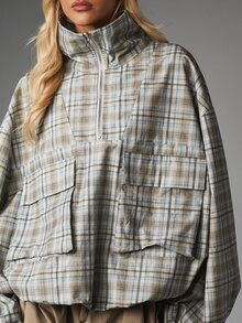 MISSGUIDED Oversized Plaid Half-Zip Jacket With Cargo Pockets Stand Collar And Balloon Sleeves Fall Winter Outerwear - Beige - View 5