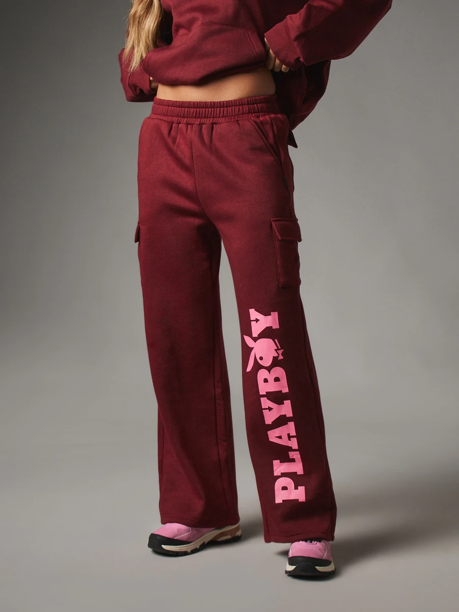 Missguided x Playboy Bunny Logo Wide Leg Cargo Fleece Sweatpants With Bold Leg Print And Utility Pockets Fall Winter Casual Streetwear - Burgundy - View 1