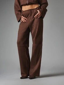 MISSGUIDED Faux Suede High Rise Wide Leg Trousers With Patch Pockets And Panel Seam Detail Fall Winter Occasion Pants - Coffee Brown - View 1