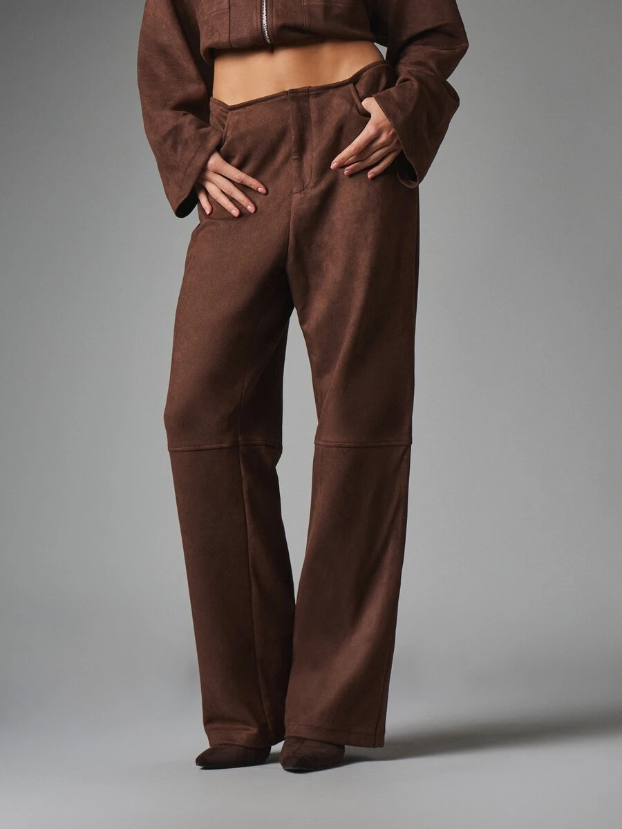 MISSGUIDED Faux Suede High Rise Wide Leg Trousers With Patch Pockets And Panel Seam Detail Fall Winter Occasion Pants - Coffee Brown - View 1