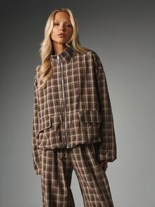 MISSGUIDED Plaid Co-Ord Set Oversized Full-Zip Cropped Jacket And Wide-Leg Pants Two Pieces Matching Autumn Winter Loungewear Outfit - Multicolor - View 5