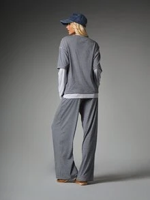 MISSGUIDED Oversized Striped Co-Ord Set Crew Neck Boxy Tee And Wide Leg Full Length Casual Pants Matching Two Pieces Outfit - Black and White - View 2