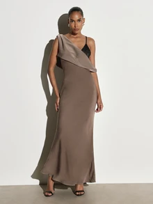 KSTM Satin Dress With Asymmetric Cowl Drape One-Shoulder Sleeveless Mermaid Silhouette Floor-Length Formal Evening Gown Wedding Guest Party - Mocha Brown - View 3