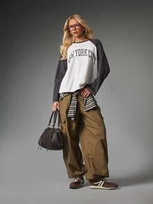MISSGUIDED New York City Varsity Text Print Oversized Baseball Raglan Long Sleeve Crew Neck Color Block T-Shirt Top - Multicolor - View 3
