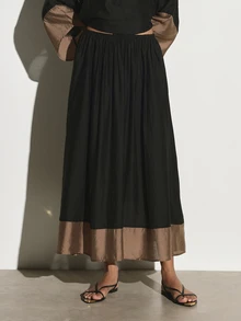 KSTM Maxi Gathered Skirt With Contrast Satin Hem Border High Rise Elastic Waist Flowy Full Length Skirt Summer Holiday Party - Black - View 3