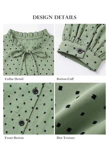 ELLERISSA Plus Size Green Dobby Spot Ruffle Neck Tie Balloon Sleeve Button Front Blouse Fall - Green - View 7