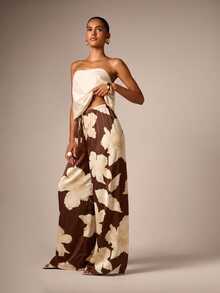 AiiRZ Wide Leg Floral Print Palazzo Pants With Elasticated Drawstring Waist Large Bloom Satin Finish Pull On Trousers Spring Summer - Brown - View 4
