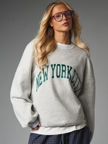 MISSGUIDED Sweatshirt Oversized Kerah Bulat dengan Cetakan Grafis Lengkung Kota New York, Pullover Fleece Lengan Panjang Bahu Jatuh, Atasan Musim Gugur/Musim Dingin - Light Grey - View 4
