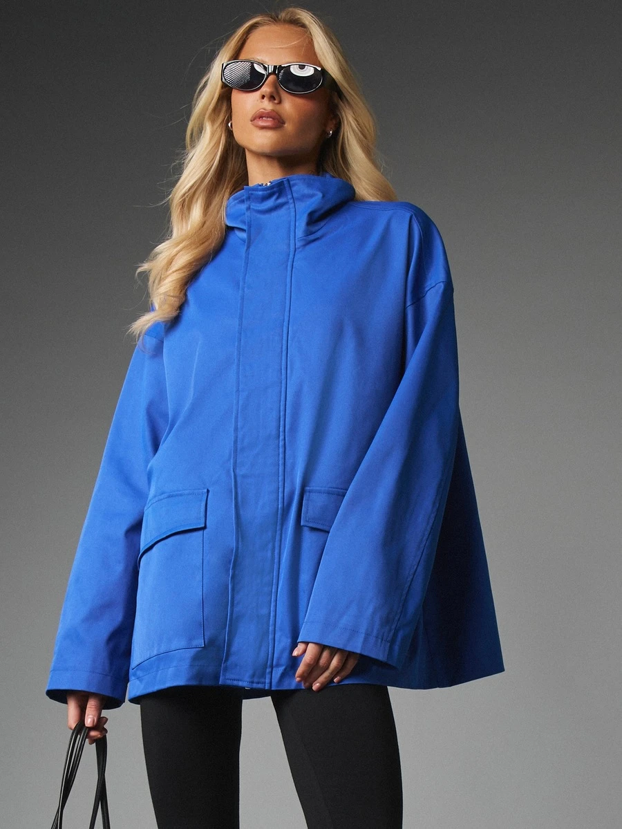 MISSGUIDED Oversized Utility Jacket With Stand Collar Zip Closure And Patch Pockets Relaxed Fit Outerwear For Fall Winter Transitional Season - Blue - View 1