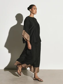 KSTM Maxi Gathered Skirt With Contrast Satin Hem Border High Rise Elastic Waist Flowy Full Length Skirt Summer Holiday Party - Black - View 5