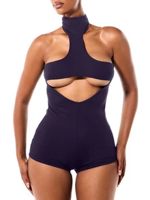 SUMWON WOMEN Halter Neck Cut Out Romper With High Neck Choker Detail And Boy Short Bottom Festival Party Playsuit - Purple - View 1