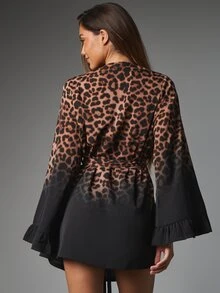 MISSGUIDED Leopard Print Ombre Satin Wrap Mini Robe With Bell Sleeves Ruffle Cuffs And Self-Tie Belt For Party And Evening - Black - View 2